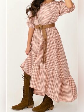 Joyfolie Gabriella Rosette Gingham Brown & Ivory Ruffle Dress Girls Size 12 NEW